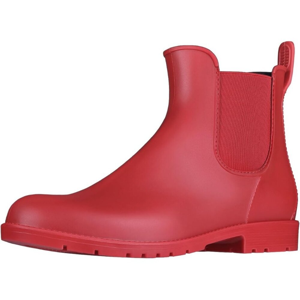 Women's Red Pointed Toe Waterproof Chelsea Double Elastic Ankle Rain Boots